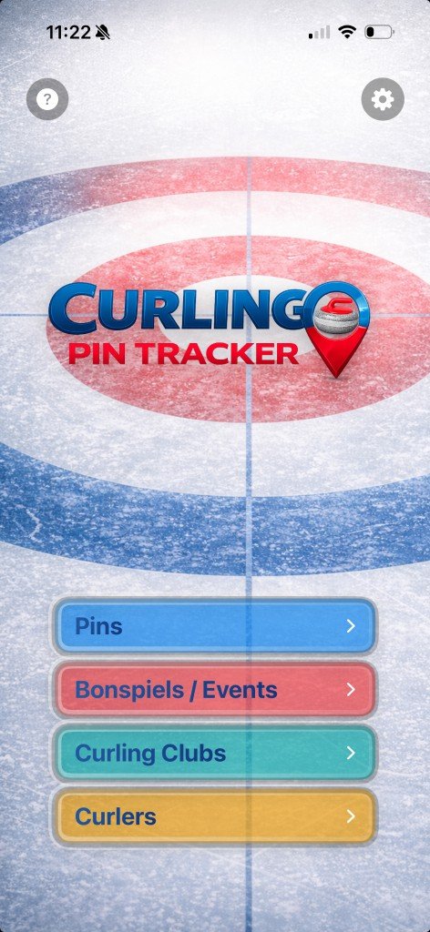 Curling Pin Tracker app home screen with Pins, Bonspiels, Clubs, and Curlers