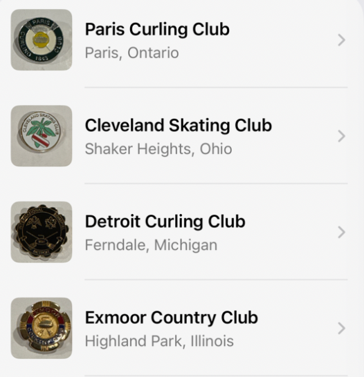 Curling clubs list with Paris, Cleveland, Detroit, and Exmoor clubs