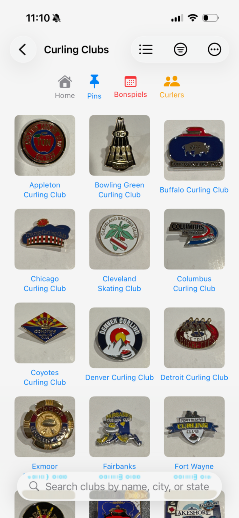Curling Clubs grid screen