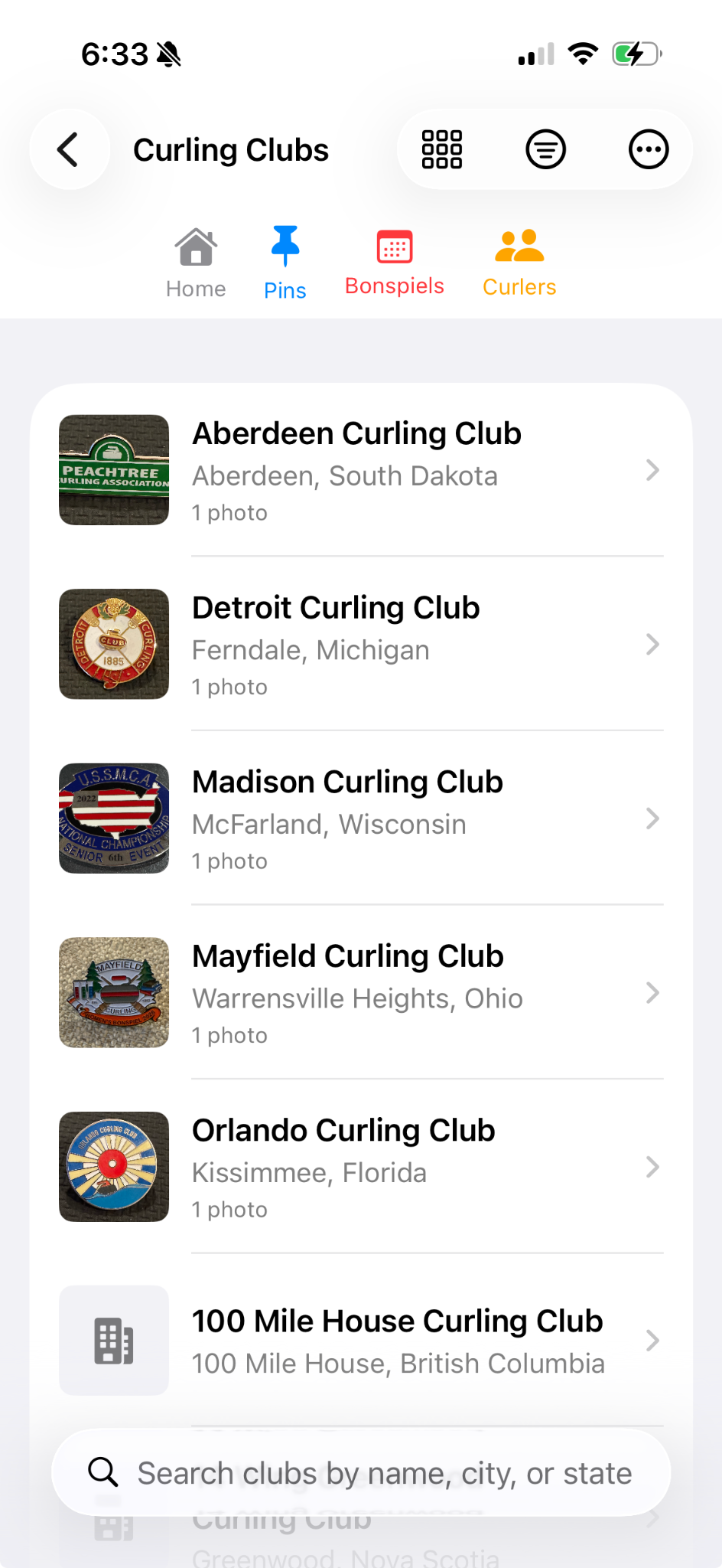 Curling Clubs list screen